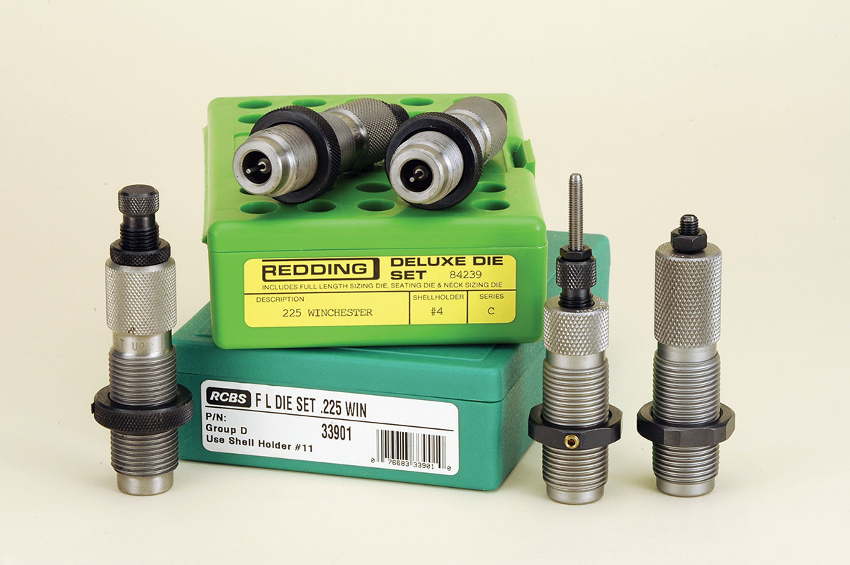 Today, the handloader has many tools to work with, one of them is a choice in loading dies. The one on the left is the Redding three-die set with a full-length, neck-sizing only and seating die. On the right is the RCBS version with only a full-length and seating die.